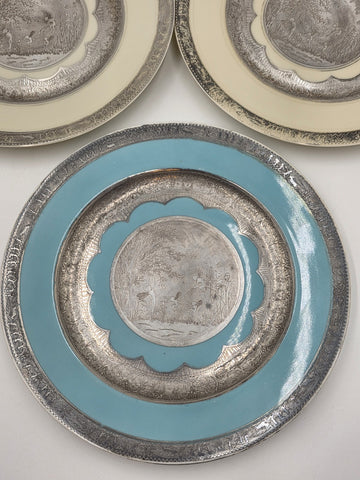 Set of 3 Antique Czech Silver Inlaid Enamel Fairy Plates c.1910 Art Nouveau
