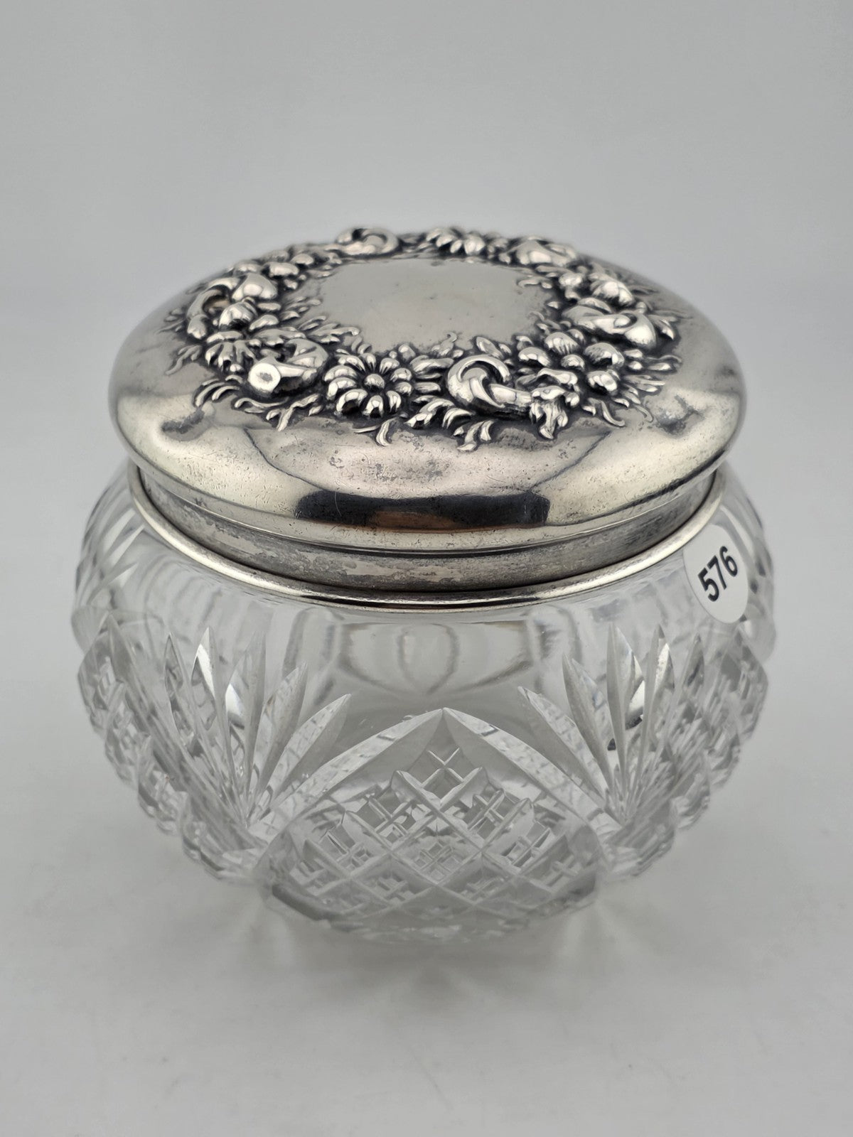 Antique Watson Sterling Silver Floral Lid Cut Crystal Vanity Jar C1900 Fine 925