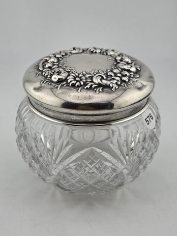 Antique Watson Sterling Silver Floral Lid Cut Crystal Vanity Jar C1900 Fine 925