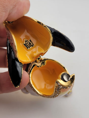 Vintage Penguin Treasure Inside Enameled Rhinestone Trinket Box In Original Box.