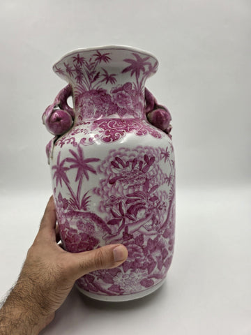 Vintage Chinese Porcelain Pink Chinoiserie Vase w Pommegranate Flowered Handles