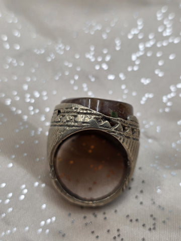 Antique Islamic Silver Agate Aqeeq Men's Ring Large Cabochon Middle Eastern