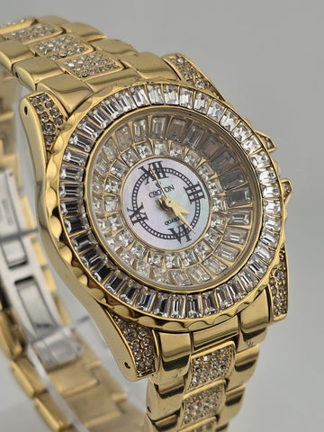 Croton Gold Tone Crystal Baguette Bezel Watch Mother of Pearl Dial Quartz. Works