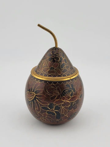 Vintage Cloisonné Enamel Brass Pear Shaped Trinket Box with Stem Floral Design