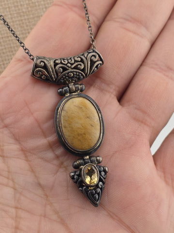 South America Artisan 925 Sterling Silver Jasper Citrine Hinged Pendant Necklace