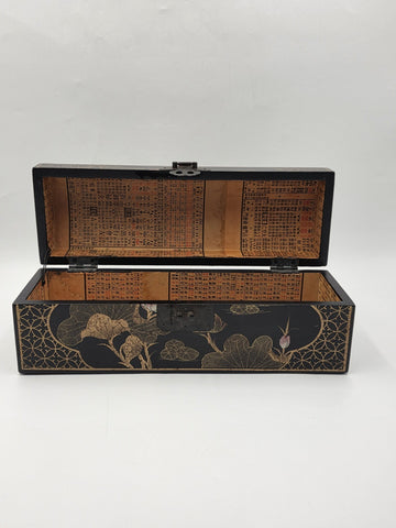 Rare Vintage Chinese Lacquer Scroll Box Gold Gilt Floral Birds Document Case