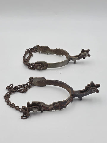 Antique Western Cowboy Spurs Pair Hand Engraved Red Inlay Steel w/ Chains