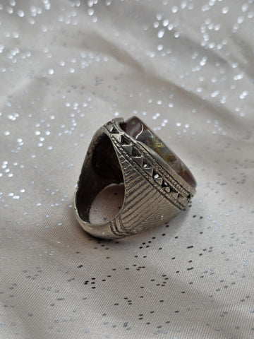 Antique Islamic Silver Agate Aqeeq Men's Ring Large Cabochon Middle Eastern
