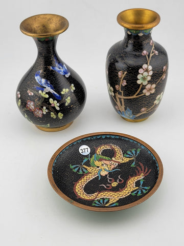 Gorgeous Assortment Of Mid Century  Cloisonne Including 2 VASES & 1 Plate.