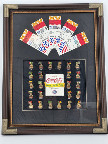 Rare Set 1994 FIFA World Cup USA Ticket Stubs + Coca Cola Pin Set Framed Display