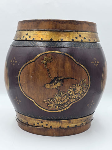 Antique Asian Hand Painted Rice Barrel Wooden Lidded Storage Bucket Bird Pagoda