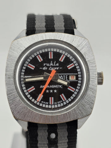 1970 German Ruhla De Luxe GDR Mechanical Day Date 37mm Cushion Case Watch Works
