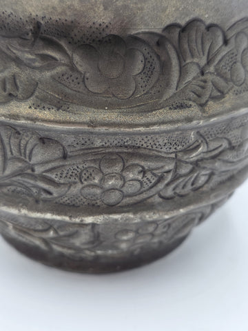 Antique 19th C Hand Chased Silver Tone Metal Bowl Floral Repousse Asian Cachepot