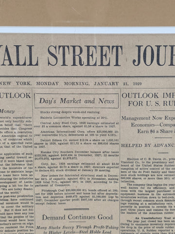 1929 Wall Street Journal Framed Newspaper Front Page Pre-Crash Financial Era