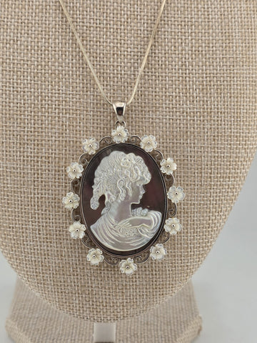 Large Sterling Silver Mother of Pearl Cameo Pendant Necklace Floral Frame 925