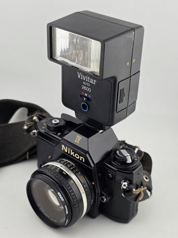 Vintage 70's Nikon EM 35mm Film Camera + 50mm f1.8 Lens + Vivitar Flash Untested