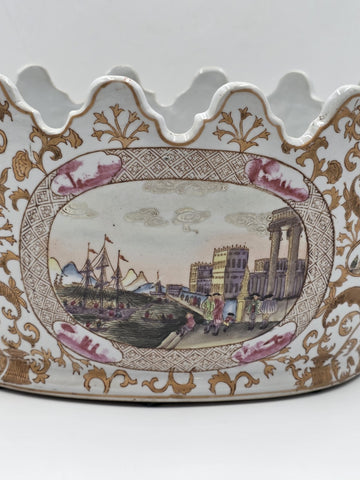 Chinese Export Porcelain Jardiniere C 1920 European Harbor Scene Gilt Cachepot