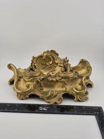 Antique 19th C French Louis XV Rococo Ornate Gilt Bronze Ormolu Inkwell Inkstand