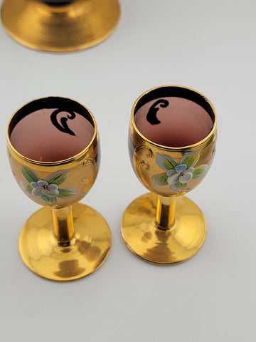 Vintage Murano Italy Ruby Red & Gold handpainted W Roses Decanter & 2 Glasses