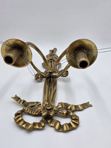 Pair Vintage Louis XVI Style French Ormolu Brass Wall Sconces w/ Etched Glass.