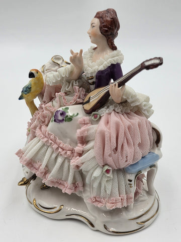 Vintage Dresden Art Germany Lace Porcelain Lady Musician Figurine Bird Bench