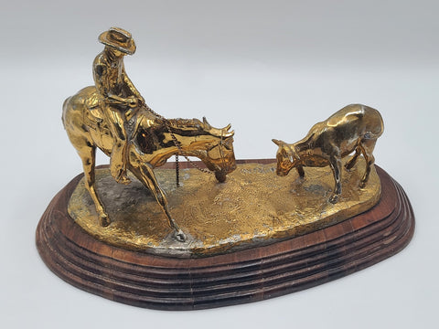 15 In Jim Reno Cutting Horse &Steer Rodeo Brass Trophy Sculpture Gold Color NCHA