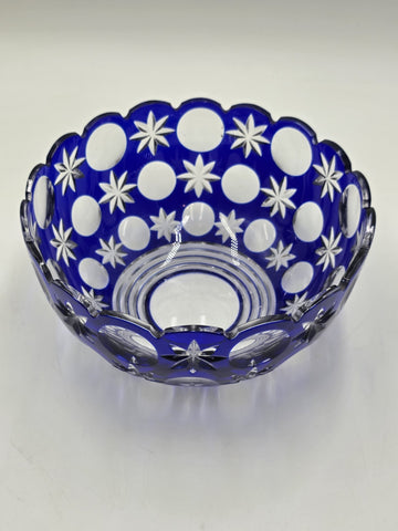 Rare Vintage Bohemian Hand Cut Crystal Glass Blue to Clear bowl SIGNED 8.75”