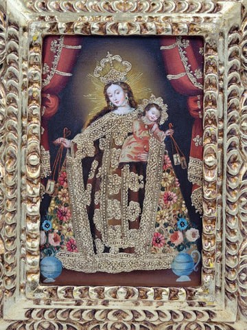 Gorgeous Estilo cuzqueño Painting "Red Madonna & Child " In Golden Wooden Frame.