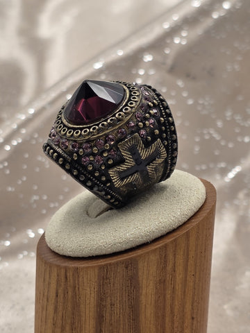 Rare Vintage Gothic Medieval Cross Ring Red Stone Rhinestone Statement Size 7.5