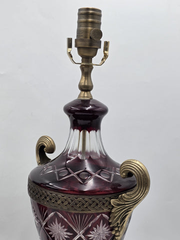 Pair Bohemian Ruby Red Crystal Lamp, Cut-to-Clear Czech Glass, Hollywood Regency
