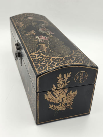 Rare Vintage Chinese Lacquer Scroll Box Gold Gilt Floral Birds Document Case