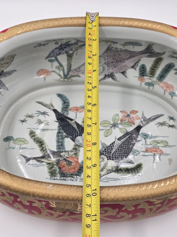 Antique XL Chinese handpainted Red porcelain 24kt gold Oval Footbath, Jardiniere