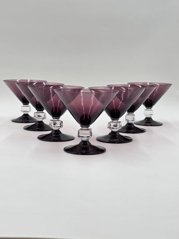 ANTIQUE SET OF 7 MID CENTURY BRYCE WILMINGTON AMETHYST 5 1/2" CHAMPAGNE GLASSES.