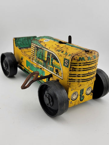 Antique Collectible Marx Yellow Green Keywind Tin Tractor No 5 Winds Up & Runs