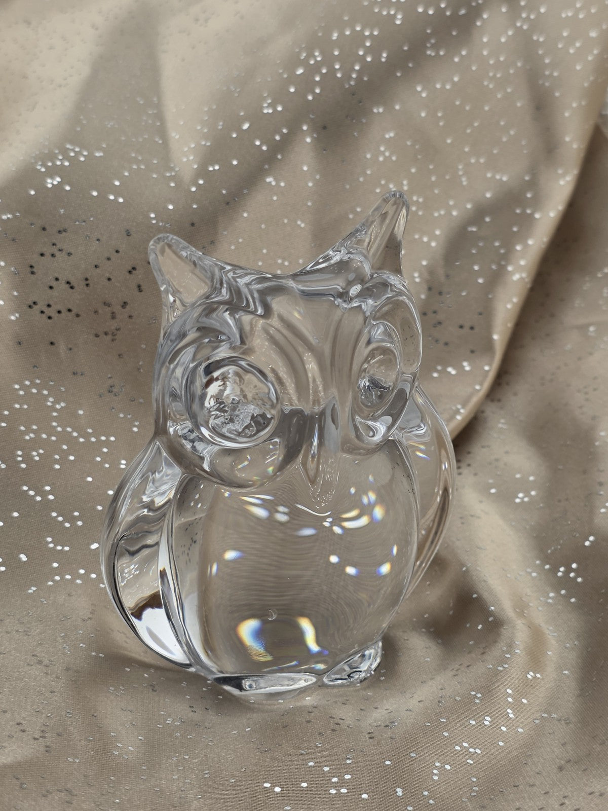 Vintage Daum France Signed Small Heavy Crystal Owl Figurine Paper Weight.