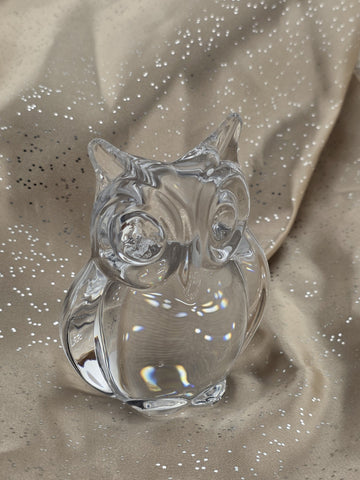 Vintage Daum France Signed Small Heavy Crystal Owl Figurine Paper Weight.