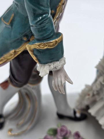 Vintage German Dresden Lace Porcelain Courting Couple Figurine Hand Painted 7.5"