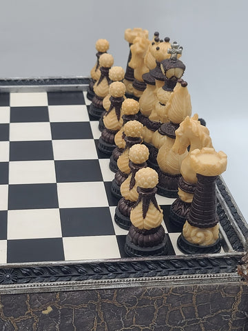 Rare Vintage Large Renaissance Style Resin Chess Set w Drawer Medieval Board 16”