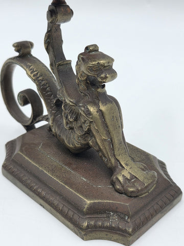 Antique Pair Solid Bronze Griffin Candlesticks Renaissance Revival Winged Lions