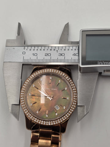 Michael Kors MK5494 Rose Gold Watch Mother of Pearl Dial Crystal Bezel 42mm Runs