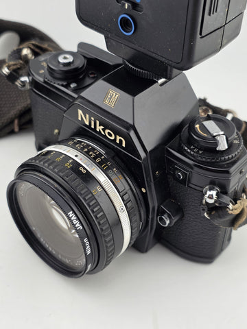 Vintage 70's Nikon EM 35mm Film Camera + 50mm f1.8 Lens + Vivitar Flash Untested