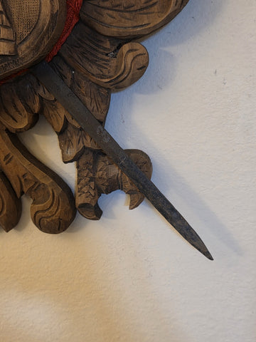 Antique Large Spanish Walnut Wood Carved Family Coat of Arms W 2 Tolido Swords.