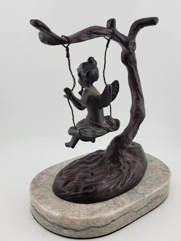 Antique Bronze Statue After Moreau Angel Swinging from Tree On A Marble Base.