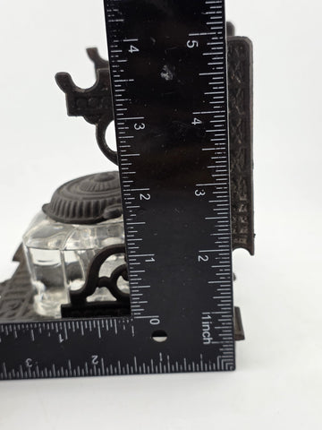 Antique TATUM'S Postal Ink Stand Cast Iron Glass Inkwell Quill & Envelope Holder
