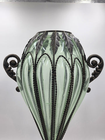 Rare Antique 19th C Murano Green Caged Blown Glass Urn Vase Centerpiece. 23 In