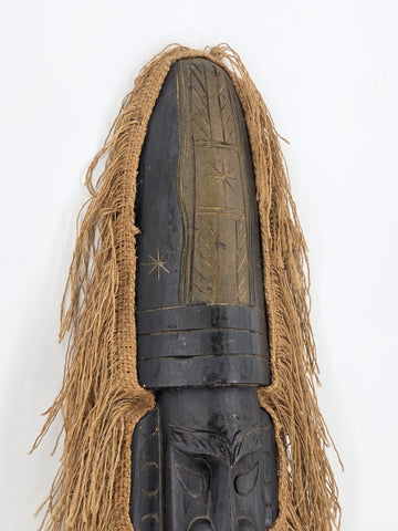 Vintage 40” West African Hand Carved Wood Mask Raffia Fringe Tribal Wall Art