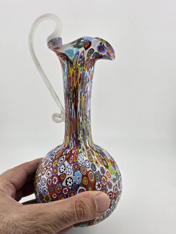 Vtg Fratelli Toso Murano Millefiori Art Glass Vase Pitcher Colorful Floral Italy