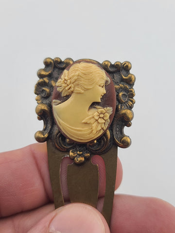 Rare Antique 19th C Victorian Glass Cameo Locket & Hair Pin Gilt Brass Classical