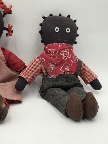 Antique Hannah & George Primitive Folk Art Rag Dolls Signed Handmade 13” Couple