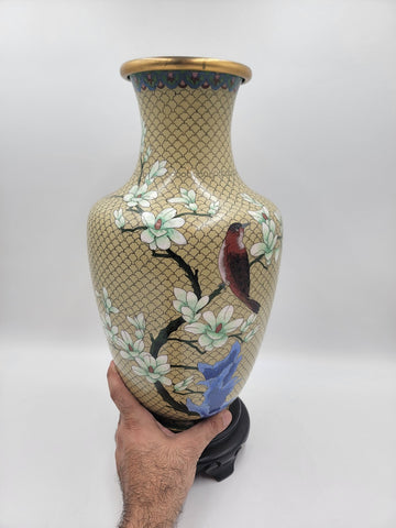 XL Cloisonné Vase Beautiful Floral  Fine Wirework Interior Brass 17 inches tall